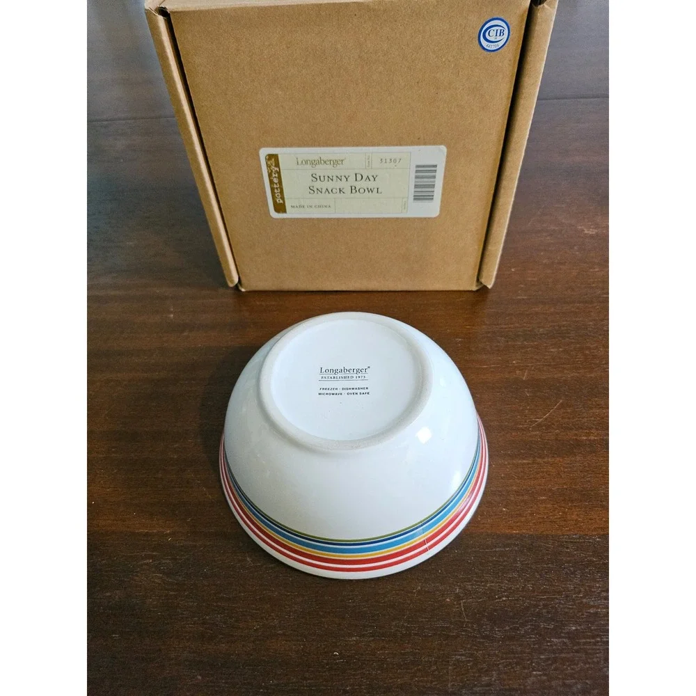 Longaberger Sunny Day Snack Bowl White Multi-Color Striped Pottery